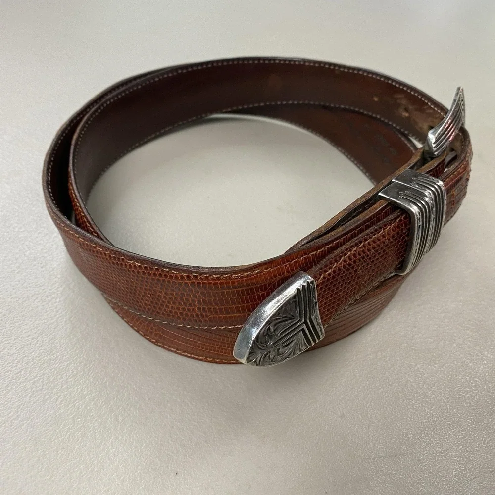 VTG Chacon Sterling Silver Genuine Lizard Belt Brown Mens 39 Fits 38 39 40 41 42